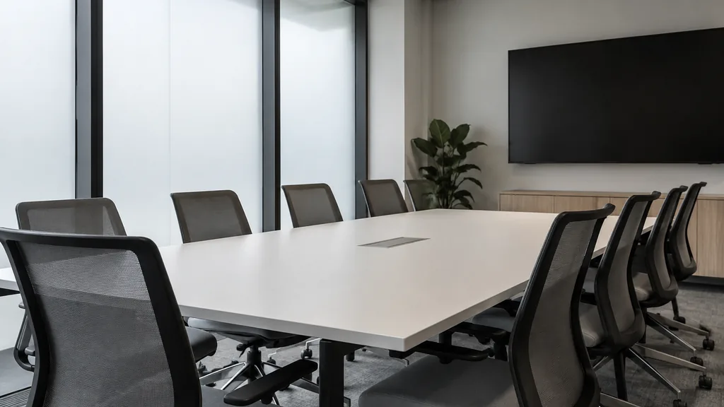 An empty meeting room in a Wellington Place meeting room in Leeds with bright overcast light, rows of empty chairs around a white table and a blank screen on the wall