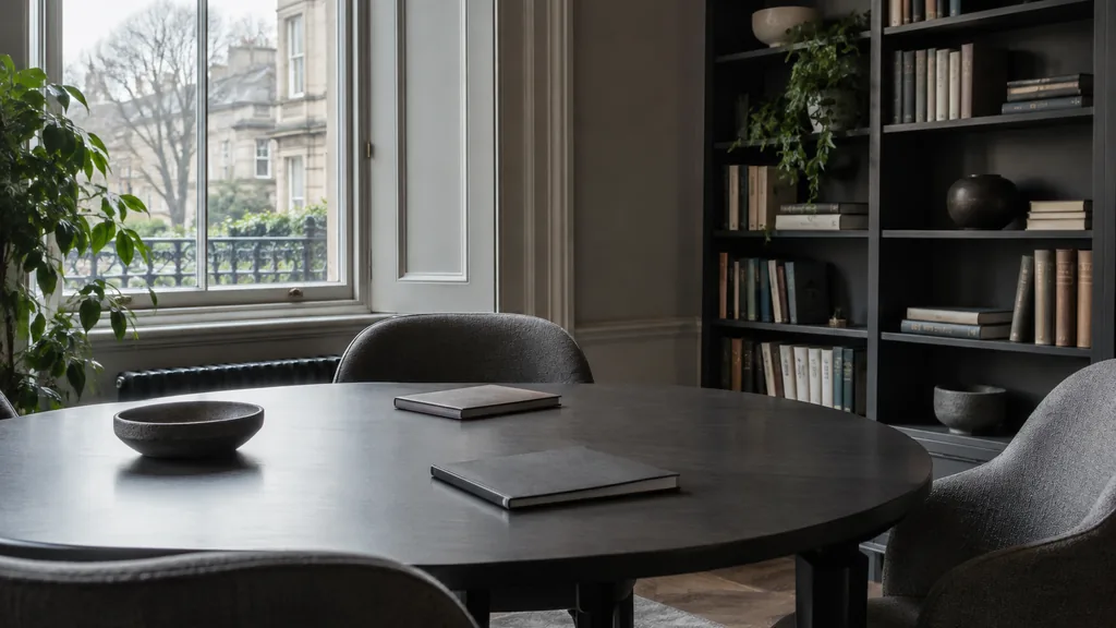 An empty meeting room in a West End townhouse meeting room in Glasgow with soft grey light, a round table, two closed notebooks and a tall bookshelf