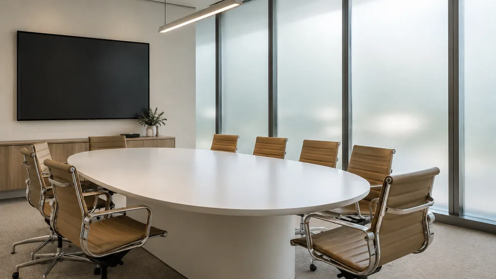 An empty meeting room in a Barangaroo meeting room in Sydney with bright waterside light, a white oval table, empty chairs and a blank wall screen