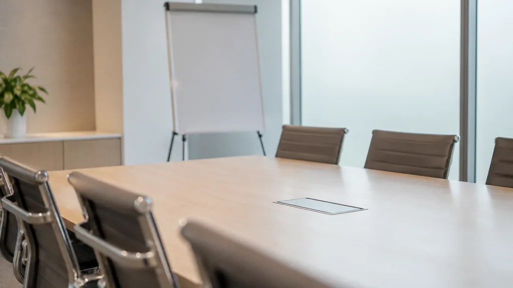 An empty meeting room in a St Georges Terrace meeting room in Perth with bright dry light, a pale boardroom table, empty chairs and a blank flip chart