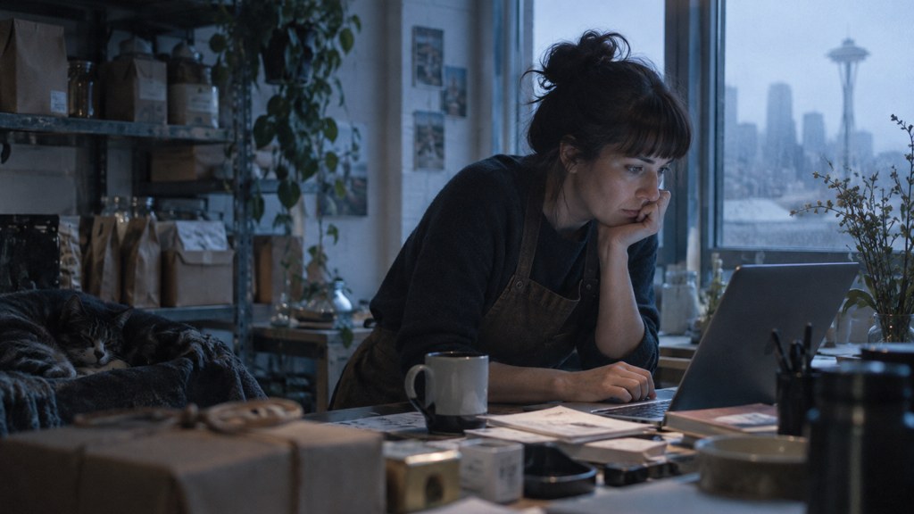 A small-business owner in an apron leaning over a laptop on a cluttered back-office desk late in the day, photographed in Seattle