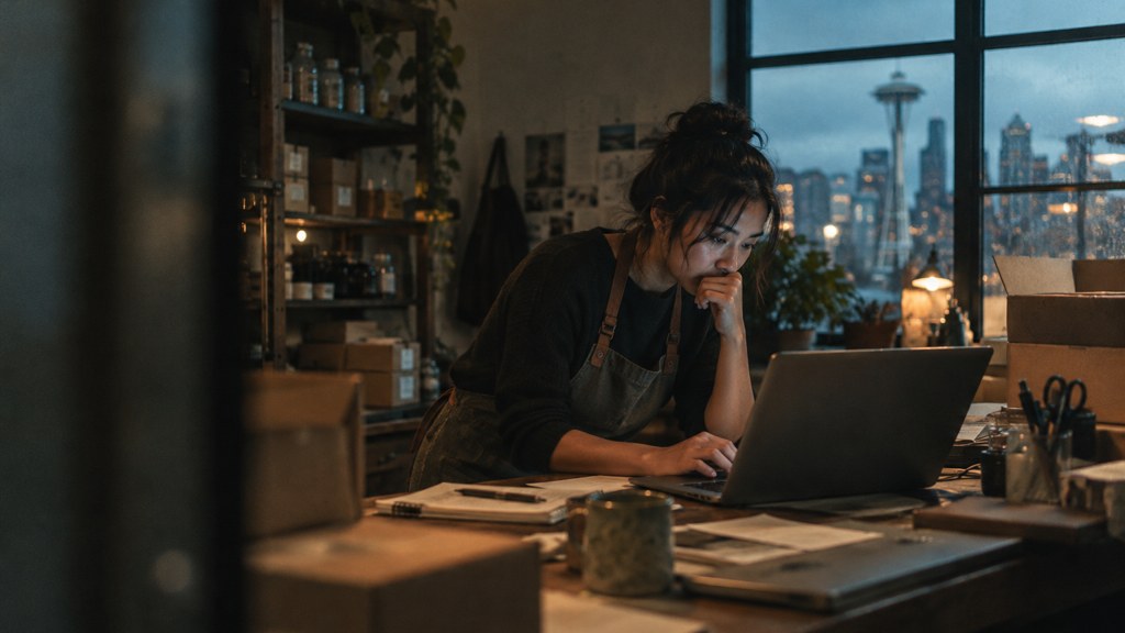 A small-business owner in an apron leaning over a laptop on a cluttered back-office desk late in the day, photographed in Seattle