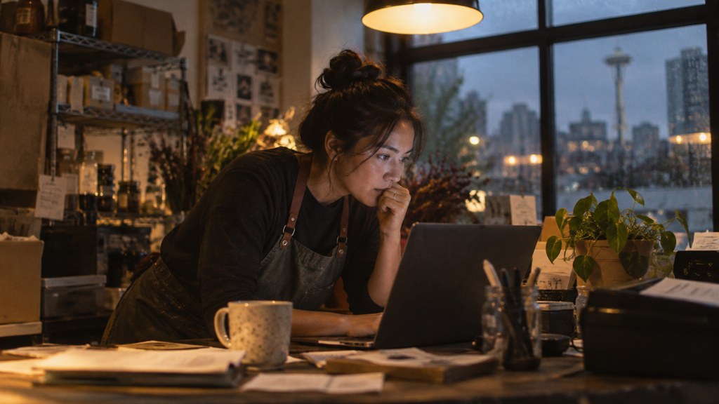 A small-business owner in an apron leaning over a laptop on a cluttered back-office desk late in the day, photographed in Seattle