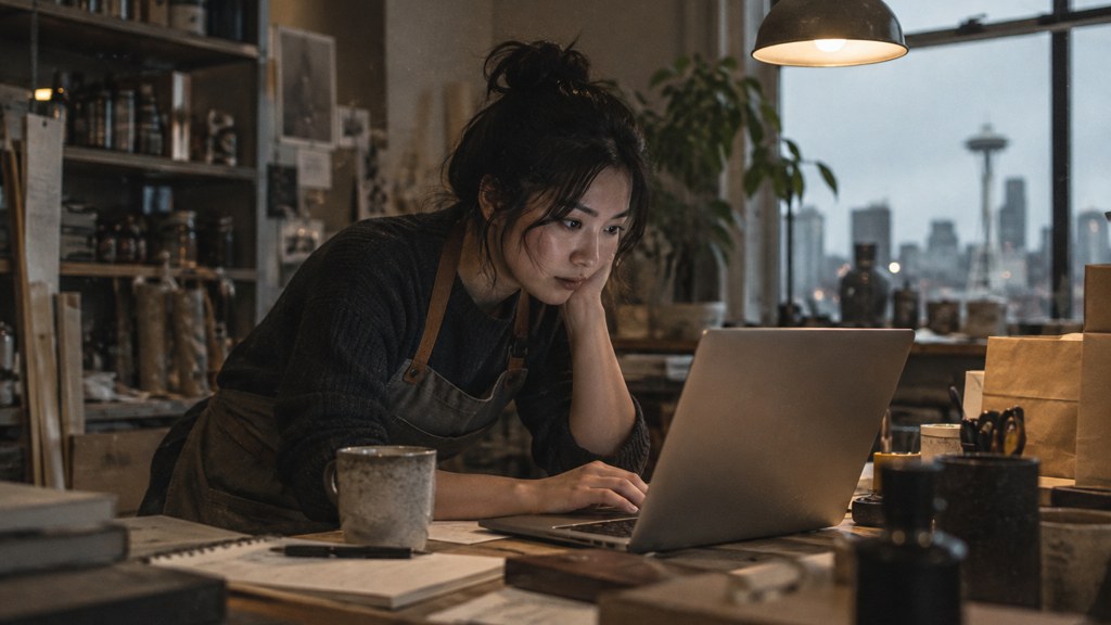 A small-business owner in an apron leaning over a laptop on a cluttered back-office desk late in the day, photographed in Seattle