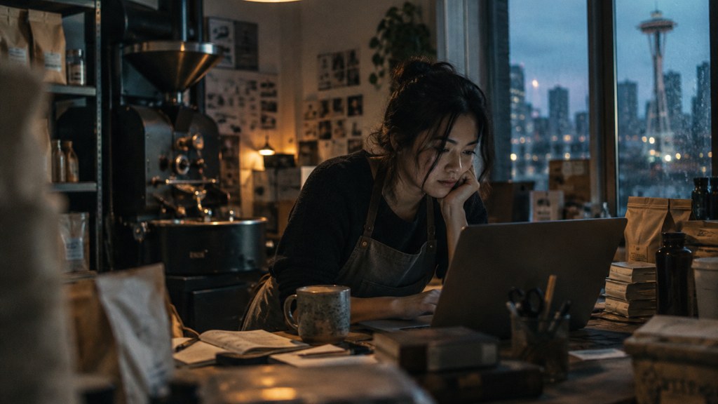 A small-business owner in an apron leaning over a laptop on a cluttered back-office desk late in the day, photographed in Seattle