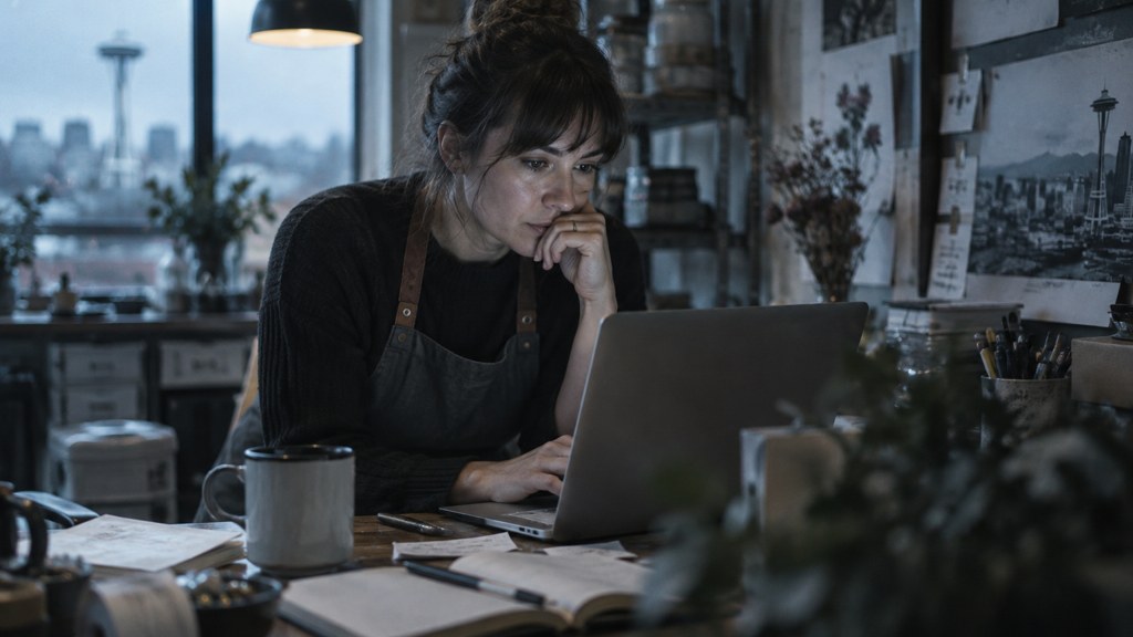 A small-business owner in an apron leaning over a laptop on a cluttered back-office desk late in the day, photographed in Seattle