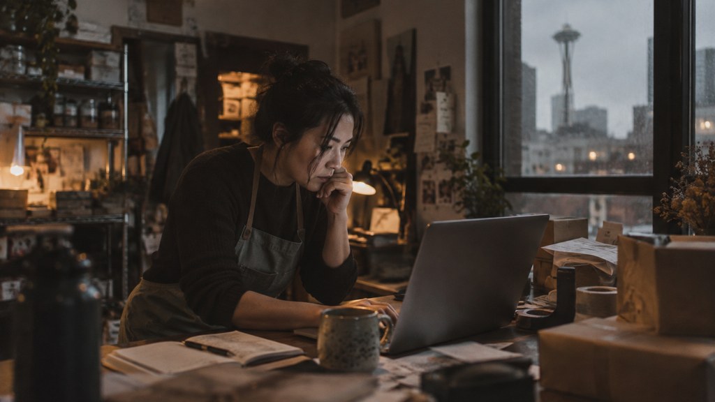 A small-business owner in an apron leaning over a laptop on a cluttered back-office desk late in the day, photographed in Seattle