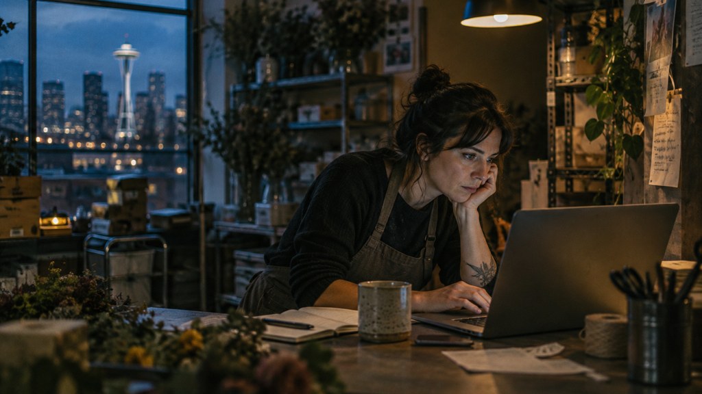 A small-business owner in an apron leaning over a laptop on a cluttered back-office desk late in the day, photographed in Seattle
