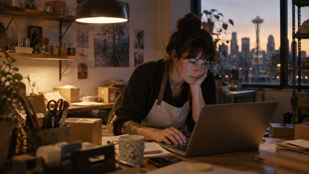 A small-business owner in an apron leaning over a laptop on a cluttered back-office desk late in the day, photographed in Seattle