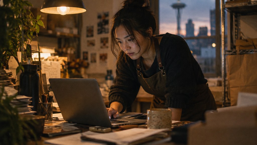 A small-business owner in an apron leaning over a laptop on a cluttered back-office desk late in the day, photographed in Seattle