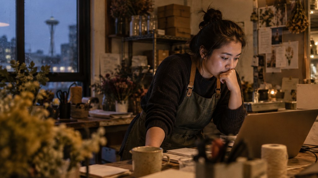 A small-business owner in an apron leaning over a laptop on a cluttered back-office desk late in the day, photographed in Seattle