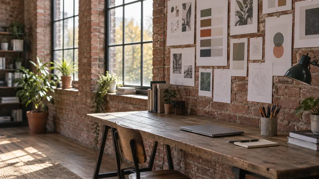 An empty workspace in a converted red-brick warehouse studio in the Baltic Triangle on a bright autumn morning, printed logo sketches, colour swatches and brand guideline pages pinned above a long reclaimed-wood desk with a pencil pot and a closed laptop, tall industrial windows with soft light