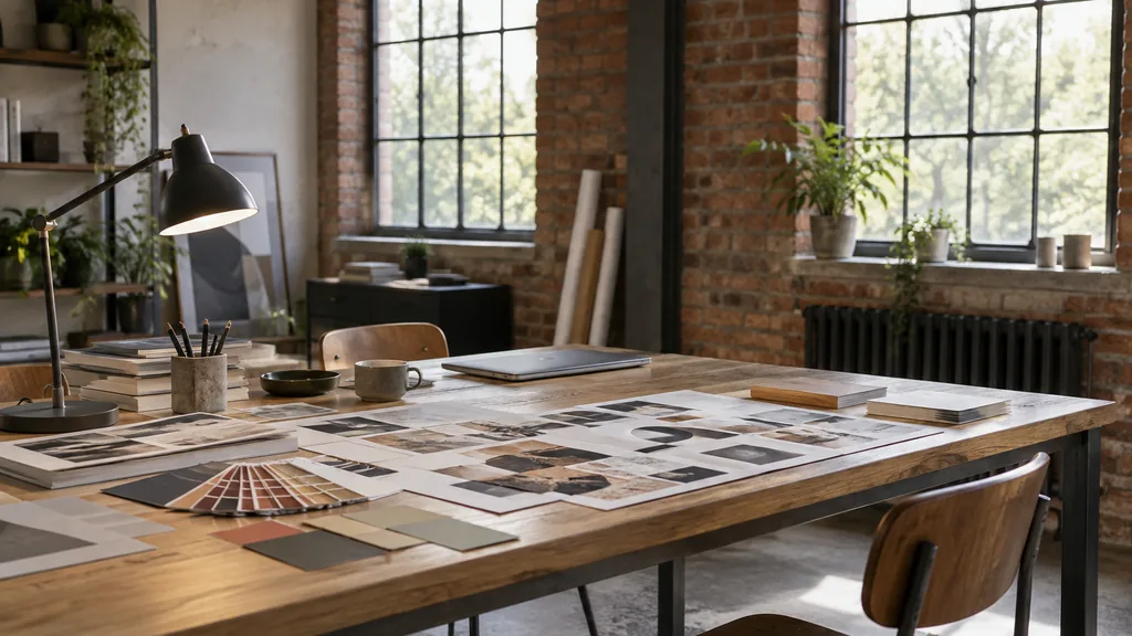 An empty workspace in a former cutlery works studio in Kelham Island on a crisp morning, printed brand identity boards, Pantone chips and typography proofs spread across a steel-legged oak table beside a desk lamp and a closed laptop, arched iron-framed windows with gentle light