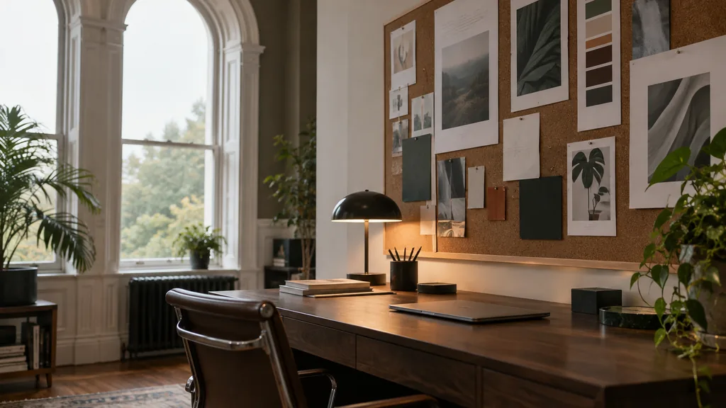 An empty workspace in a restored Victorian office in Cardiff Bay on a calm grey morning, printed brand identity sheets, logo lock-ups and colour palettes pinned to a cork wall above a dark walnut desk with a closed laptop, tall arched windows with gentle light