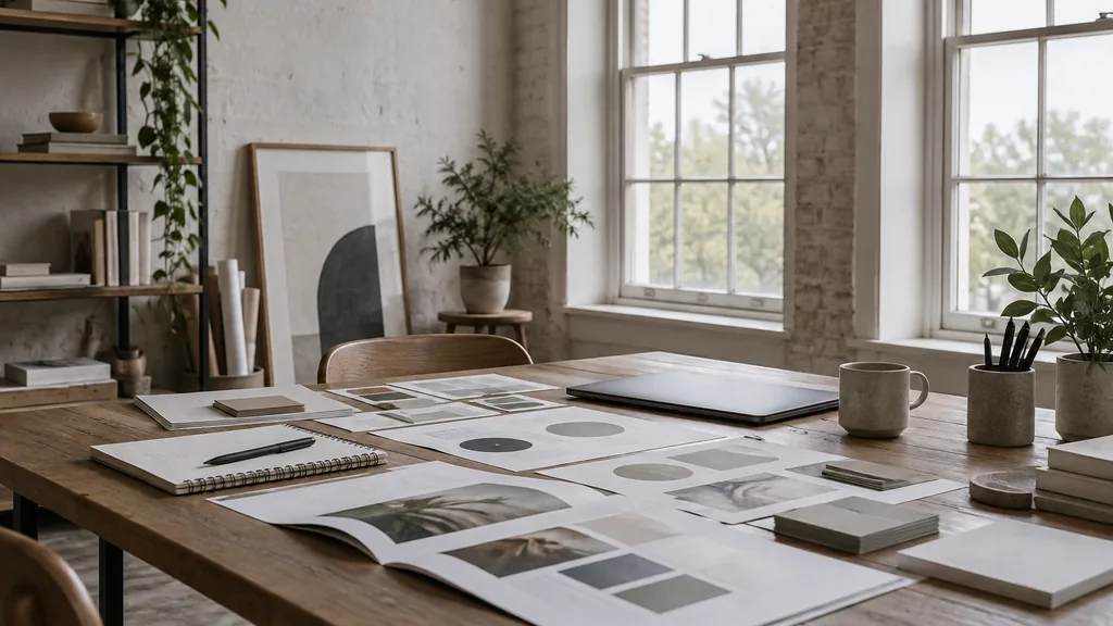 An empty workspace in a converted linen-warehouse studio in the Cathedral Quarter on a soft grey morning, printed logo explorations, stationery mock-ups and brand guideline spreads across a long oak desk with a notebook and a closed laptop, tall sash windows with diffuse light
