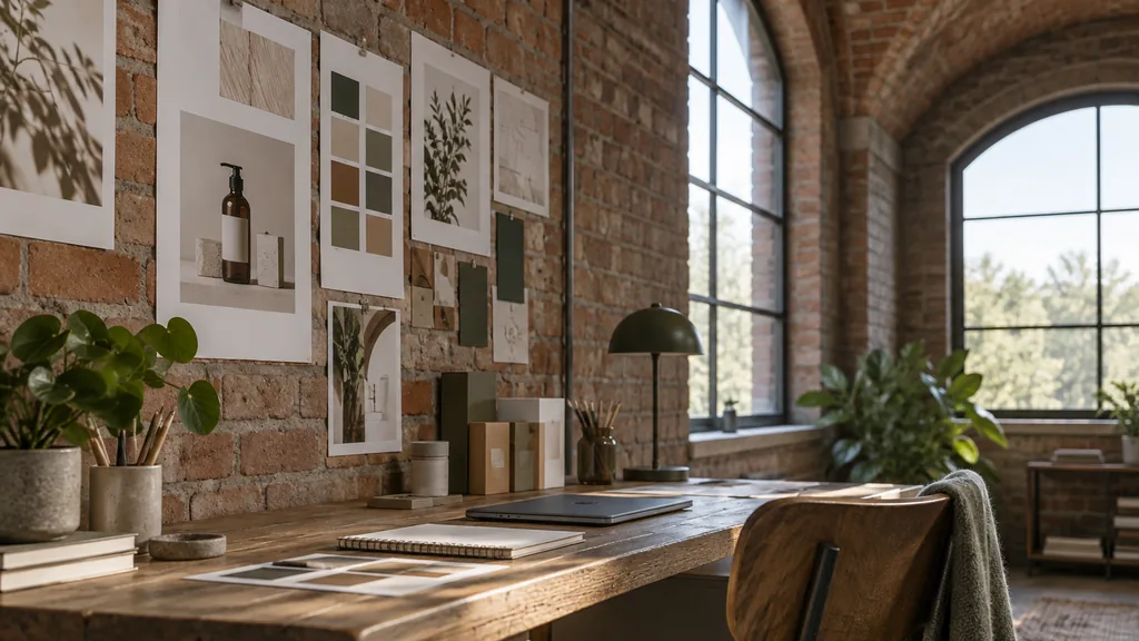 An empty workspace in a brick-vaulted studio in the Ouseburn valley on a cool bright morning, printed brand identity boards, packaging mock-ups and colour chips pinned above a reclaimed pine desk with a notebook and a closed laptop, arched windows with soft light