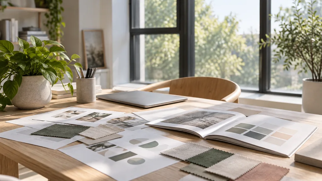 An empty workspace in a bright studio in the Cultural Quarter on a clear morning, printed logo sketches, a brand guidelines booklet and fabric-like colour swatches spread across a white oak table beside a potted plant and a closed laptop, wide glazed windows with clean light