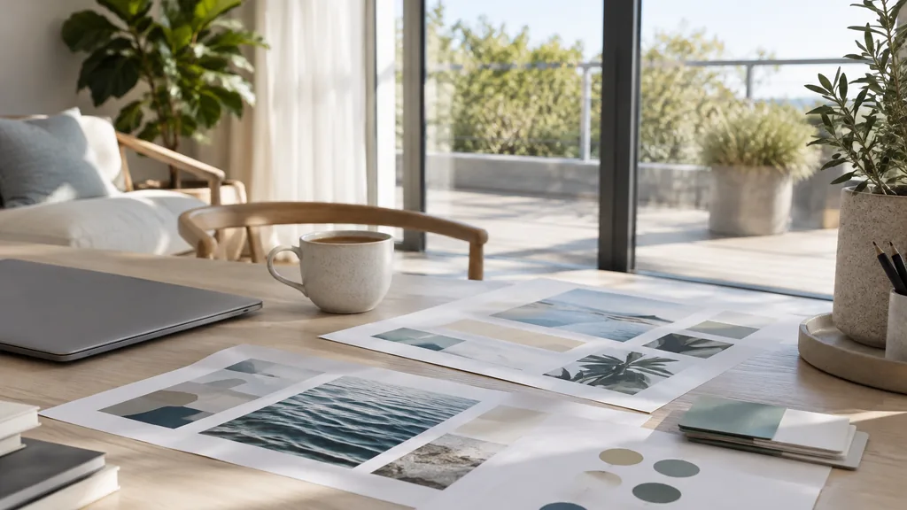 An empty workspace in a bright waterside studio in Ocean Village on a clear breezy morning, printed brand identity sheets, logo lock-ups and paint-chip colour palettes on a pale ash table beside a mug of tea and a closed laptop, wide glazed doors with clean light