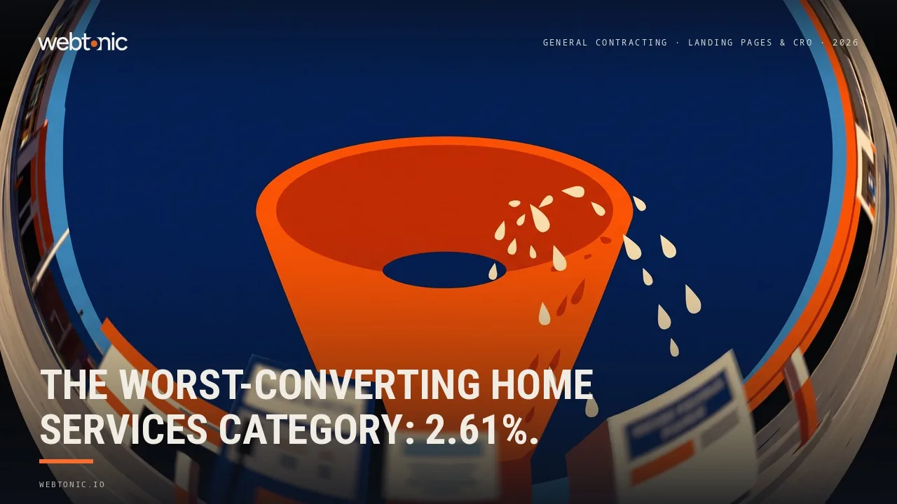 General contracting and remodeling landing page and CRO statistics 2026 thumbnail showing a 2.61 percent search ad conversion rate against a 7.33 percent home services category average