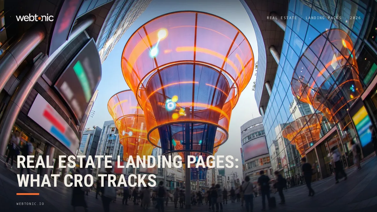 Real estate landing page CRO statistics 2026 thumbnail showing conversion rate by subcategory from 1.29 percent for residential agents to 10.24 percent for property management