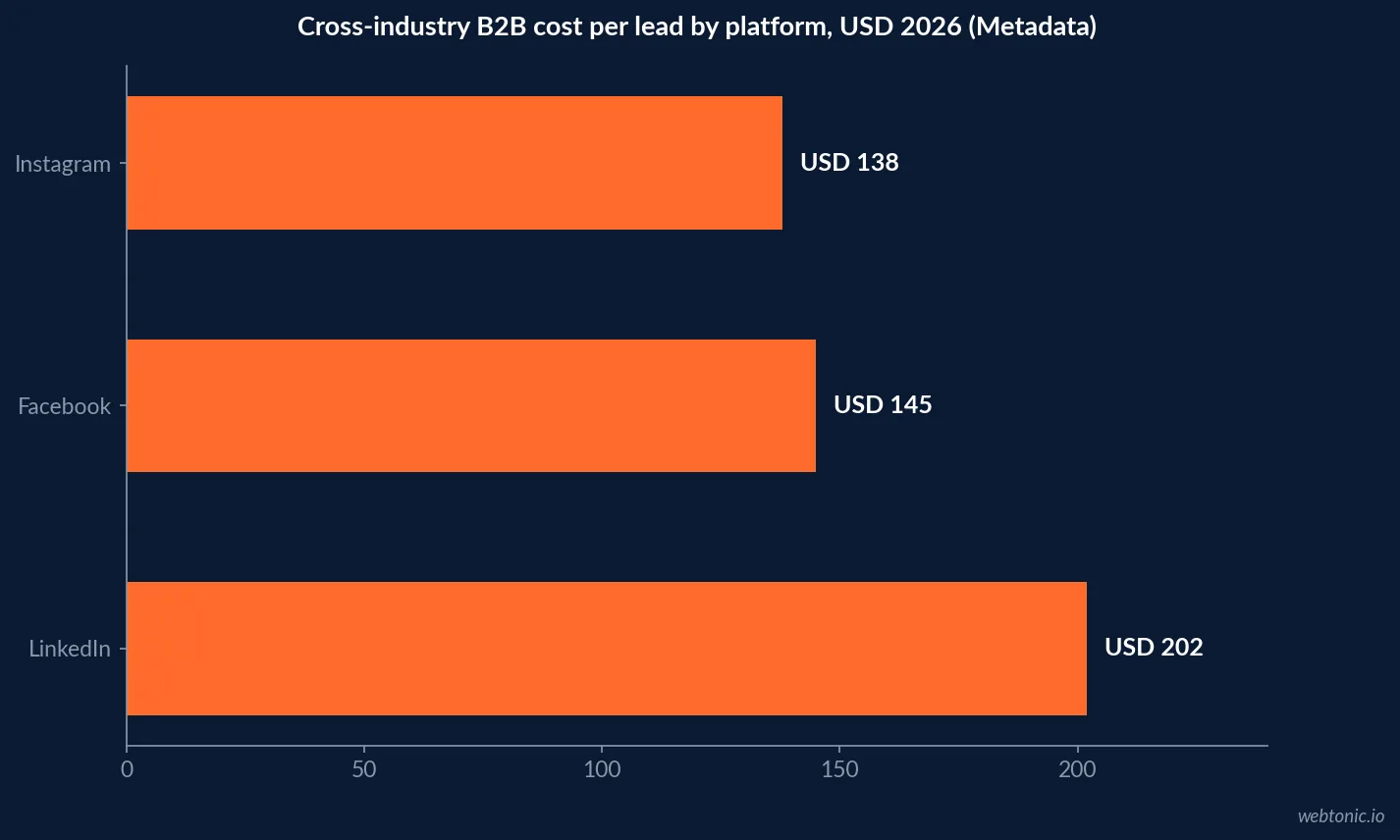 Horizontal bar chart comparing 2026 cross-industry B2B cost per lead across LinkedIn at 202 dollars, Facebook at 145 dollars, and Instagram at 138 dollars