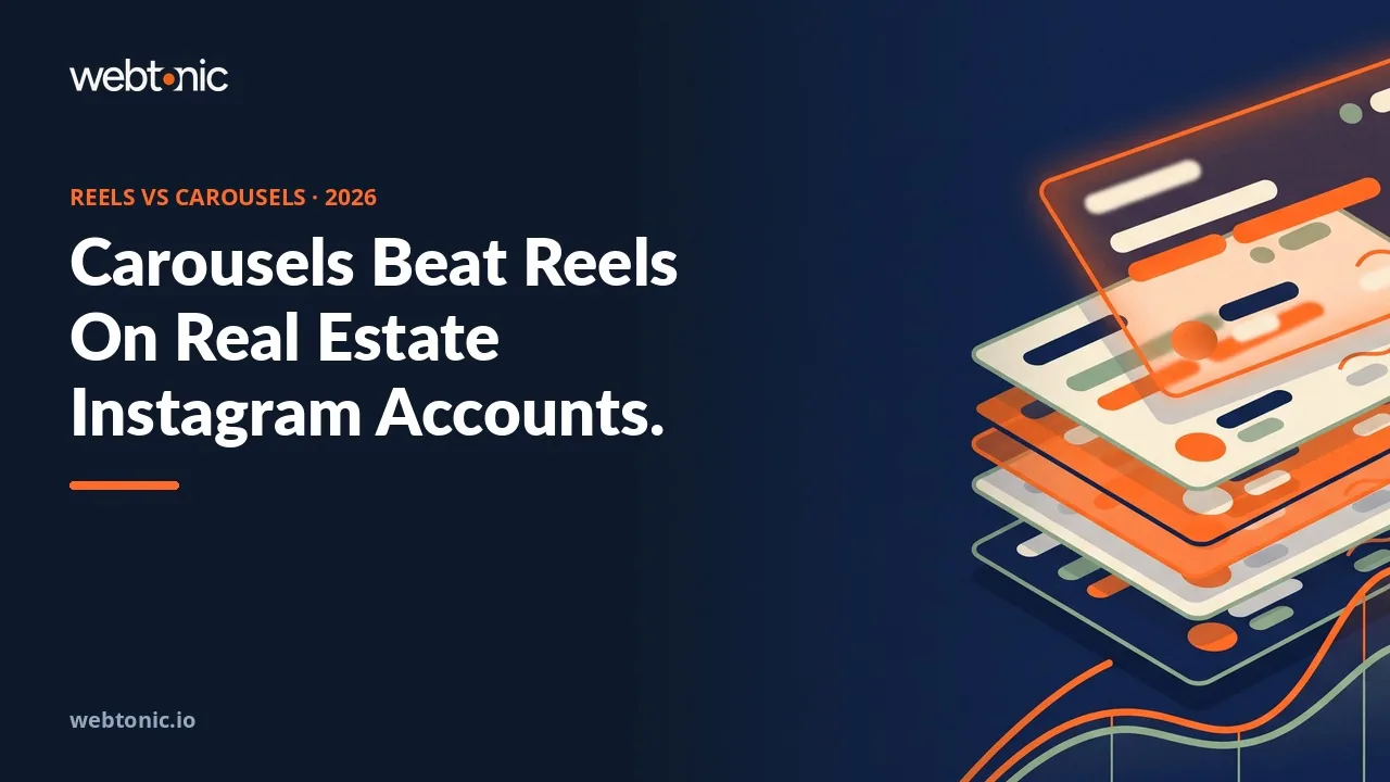 Real estate Meta Ads statistics 2026 thumbnail showing Instagram carousels at 4.1 percent engagement beating Facebook albums and LinkedIn video
