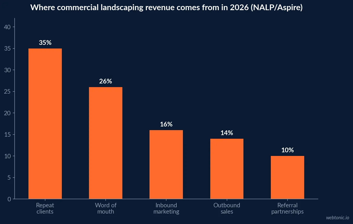 Bar chart of where commercial landscaping revenue actually comes from in 2026, showing repeat clients at 35 percent, word of mouth at 26 percent, inbound marketing at 16 percent, outbound sales at 14 percent and referral partnerships at 10 percent