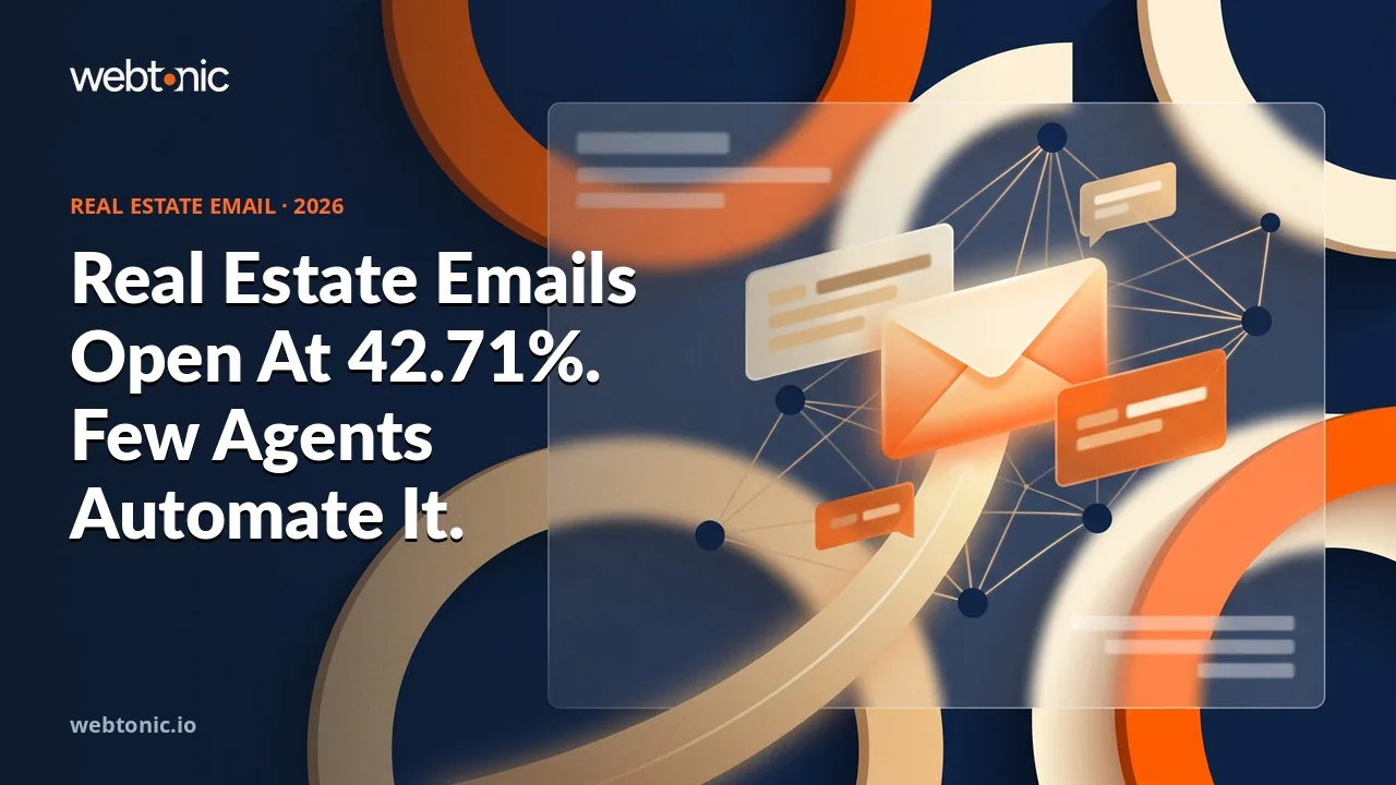 Real estate email marketing statistics 2026 thumbnail showing a 42.71 percent open rate against a 39.64 percent all industry average and only 16 percent automation adoption