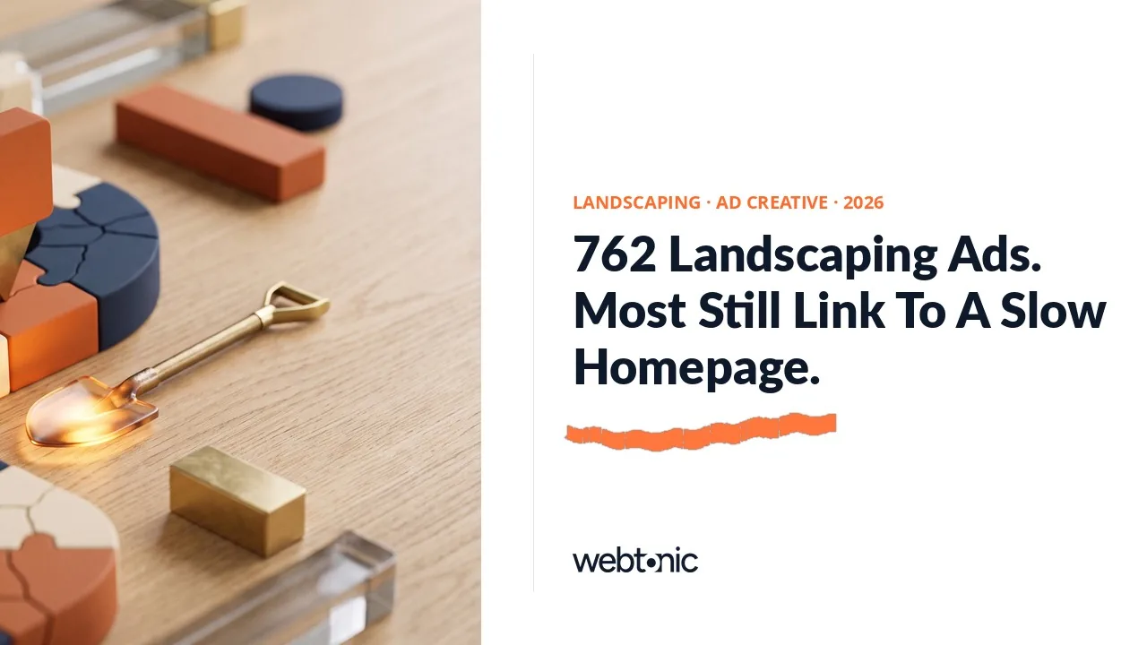 Landscaping ad creative statistics 2026 thumbnail showing a 7.3 second median mobile landing page load time across home services Facebook ads