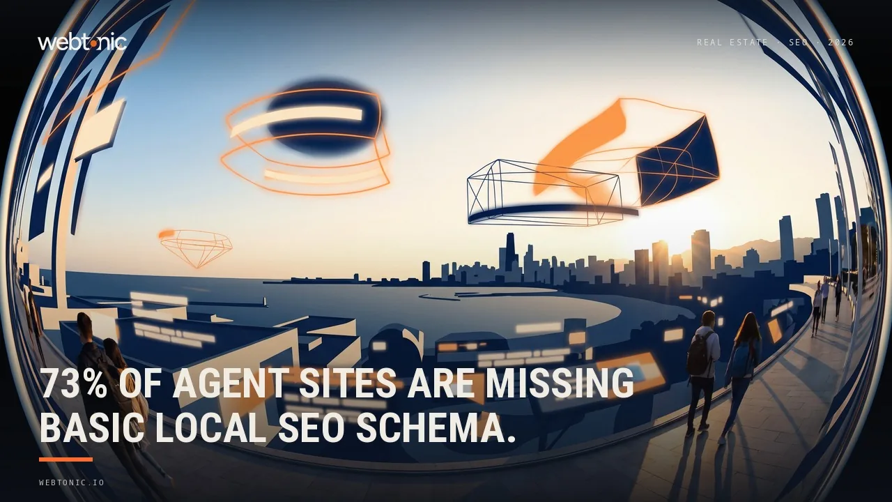 Real estate SEO statistics 2026 thumbnail showing 73 percent of graded agent websites missing local business schema markup