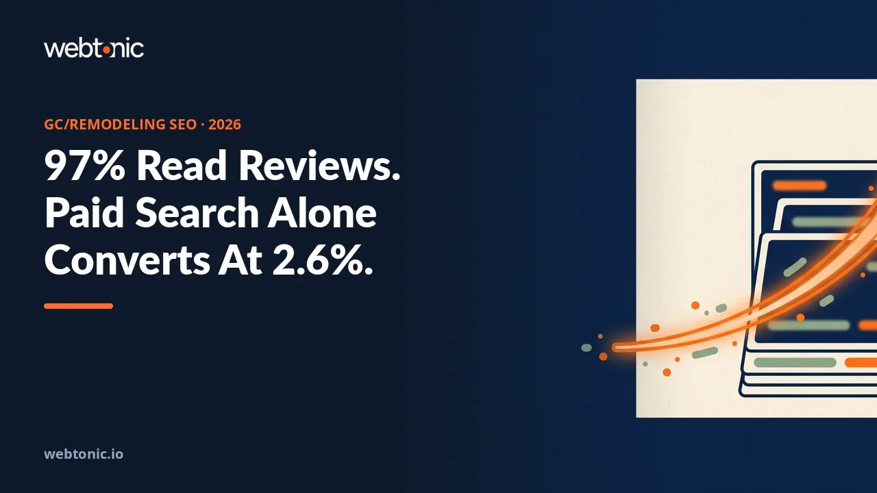 Does general contracting remodeling SEO actually work 2026 thumbnail showing 97 percent of homeowners reading reviews against a 2.61 percent paid search conversion rate for contractors