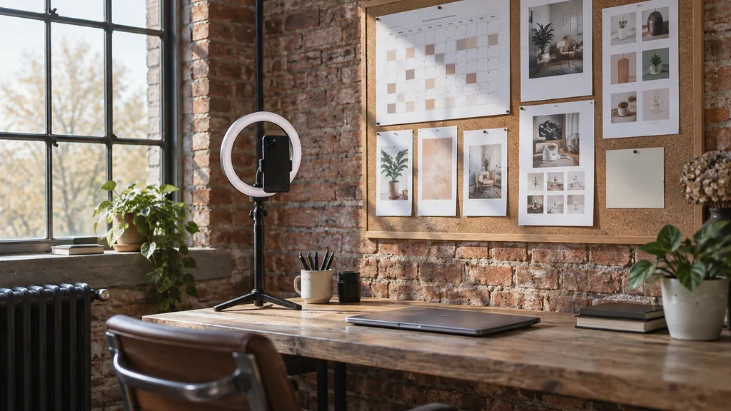 An empty workspace in a converted red-brick warehouse studio in the Baltic Triangle on a bright autumn morning, a phone on a small tripod beside a ring light, printed content calendar sheets and post mock-ups pinned to a corkboard above a reclaimed-wood desk with a closed laptop, tall industrial windows with soft light