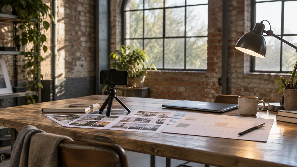 An empty workspace in a former cutlery works studio in Kelham Island on a crisp morning, a smartphone on a mini tripod, printed social post proofs and a paper content calendar spread across a steel-legged oak table beside a desk lamp and a closed laptop, arched iron-framed windows with gentle light