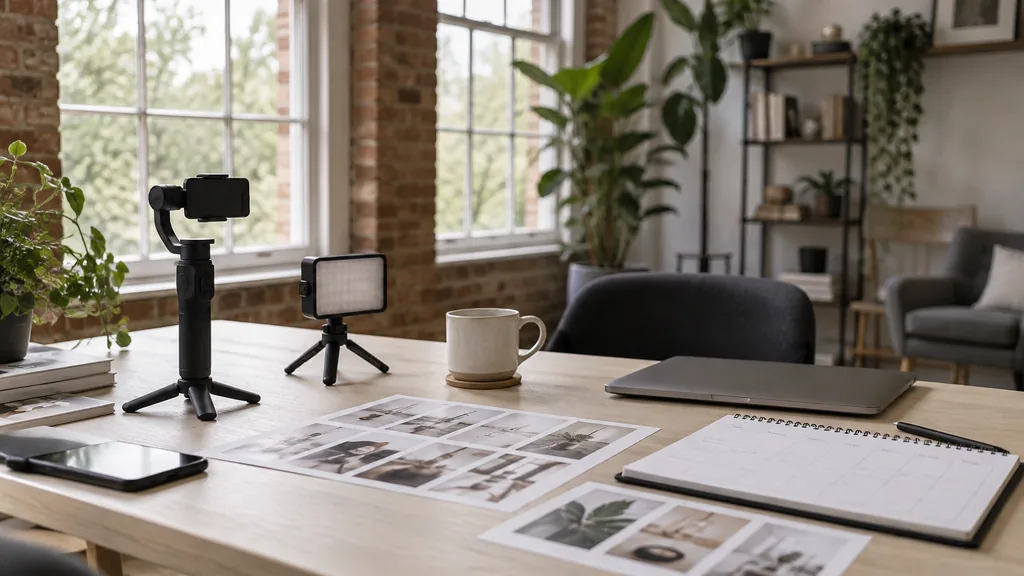 An empty workspace in a Lace Market loft studio on a soft overcast afternoon, a phone gimbal and a small LED panel beside printed post thumbnails and a weekly content planner on a pale ash table with a mug and a closed laptop, large sash windows with diffuse light