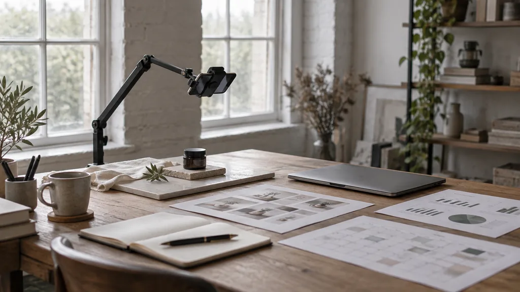 An empty workspace in a converted linen-warehouse studio in the Cathedral Quarter on a soft grey morning, a smartphone on a clamp arm over a styled flat product, printed engagement reports and a content calendar on a long oak desk with a notebook and a closed laptop, tall sash windows with diffuse light