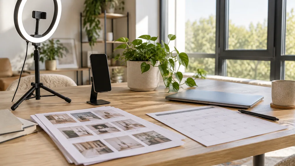 An empty workspace in a bright studio in the Cultural Quarter on a clear morning, a ring light and a phone stand beside printed reel storyboards and a monthly content calendar on a white oak table with a potted plant and a closed laptop, wide glazed windows with clean light