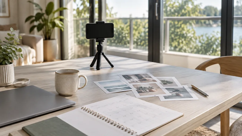An empty workspace in a bright waterside studio in Ocean Village on a clear breezy morning, a phone on a small tripod, printed post mock-ups and a content calendar on a pale ash table beside a mug of tea and a closed laptop, wide glazed doors with clean light