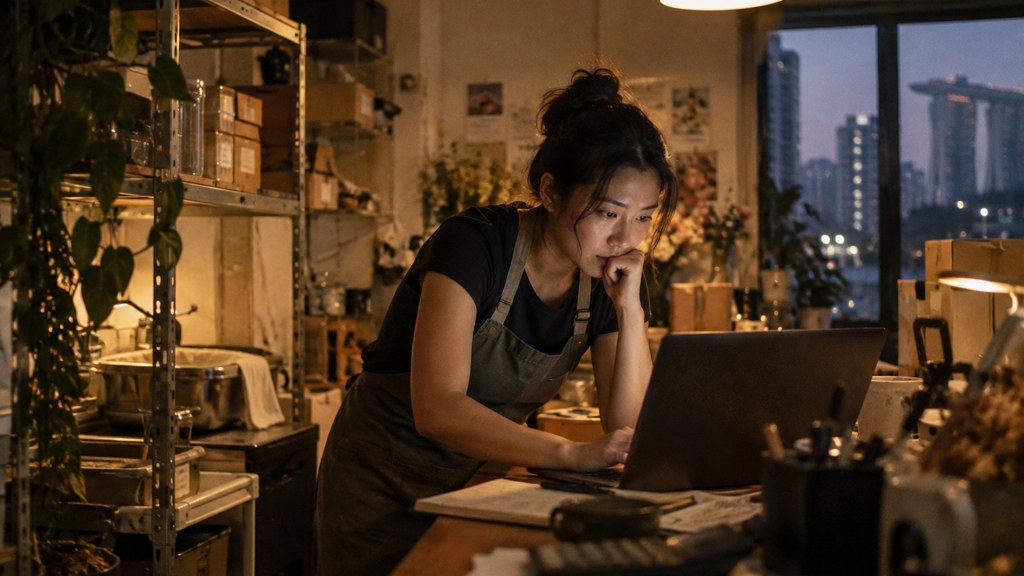 A small-business owner in an apron leaning over a laptop on a cluttered back-office desk late in the day, photographed in Singapore
