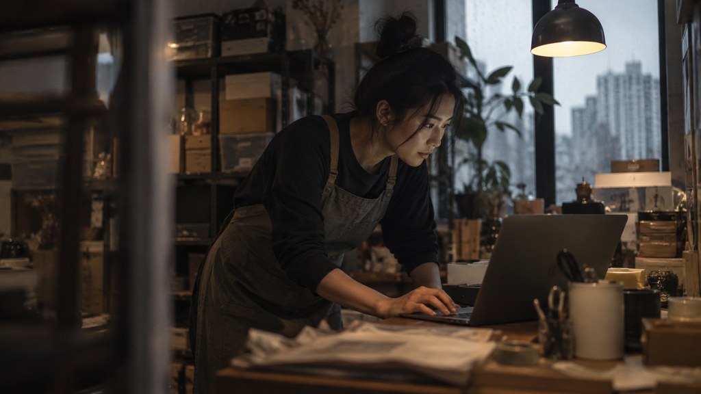 A small-business owner in an apron leaning over a laptop on a cluttered back-office desk late in the day, photographed in Singapore