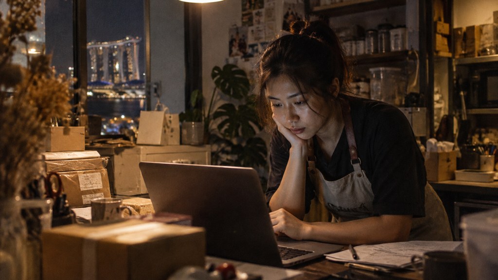 A small-business owner in an apron leaning over a laptop on a cluttered back-office desk late in the day, photographed in Singapore