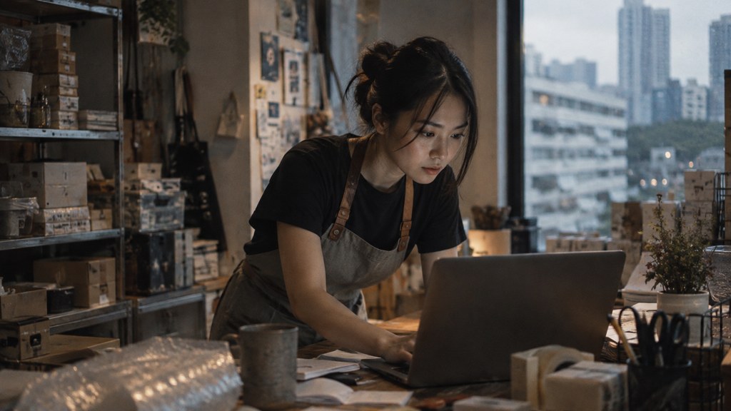 A small-business owner in an apron leaning over a laptop on a cluttered back-office desk late in the day, photographed in Singapore