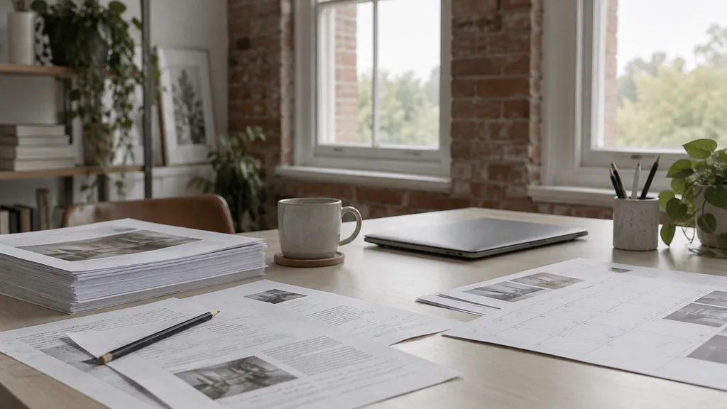 An empty workspace in a Lace Market loft studio on a soft overcast afternoon, printed article drafts with pencil edits, a paper editorial calendar and a stack of printed blog proofs on a pale ash table beside a mug and a closed laptop, large sash windows with diffuse light