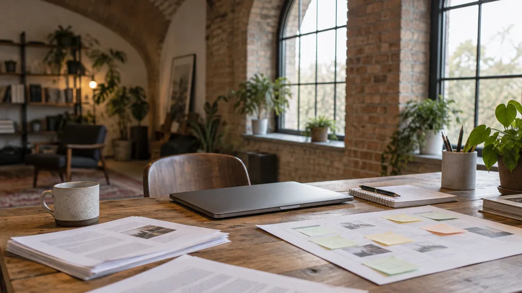 An empty workspace in a brick-vaulted studio in the Ouseburn valley on a cool bright morning, printed long-form article drafts, a paper content plan with sticky notes and a notebook on a reclaimed pine desk with a closed laptop, arched windows with soft light