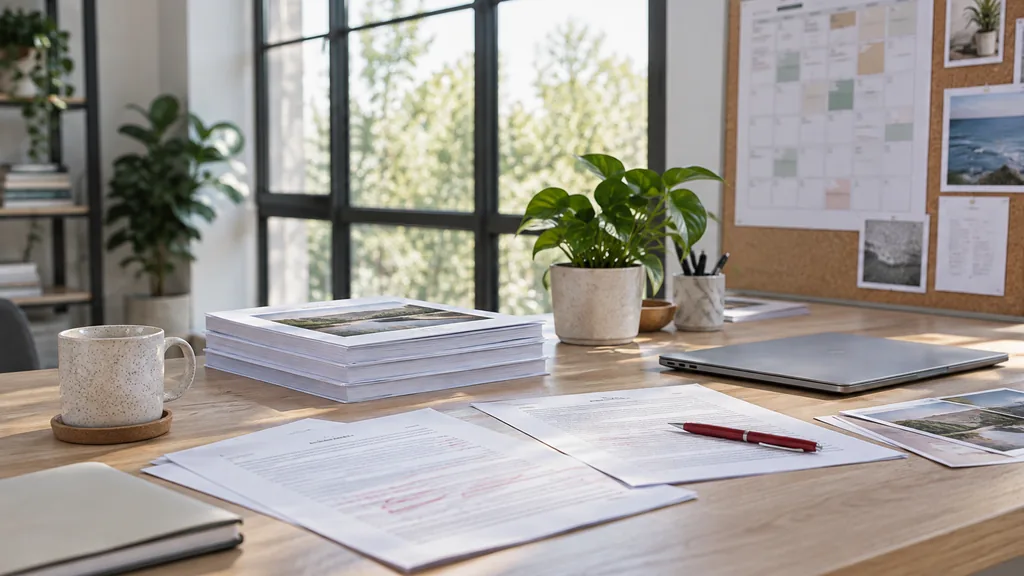 An empty workspace in a bright studio in the Cultural Quarter on a clear morning, printed blog drafts marked with red pen, an editorial calendar pinned to a board and a stack of printed guides on a white oak table with a potted plant and a closed laptop, wide glazed windows with clean light