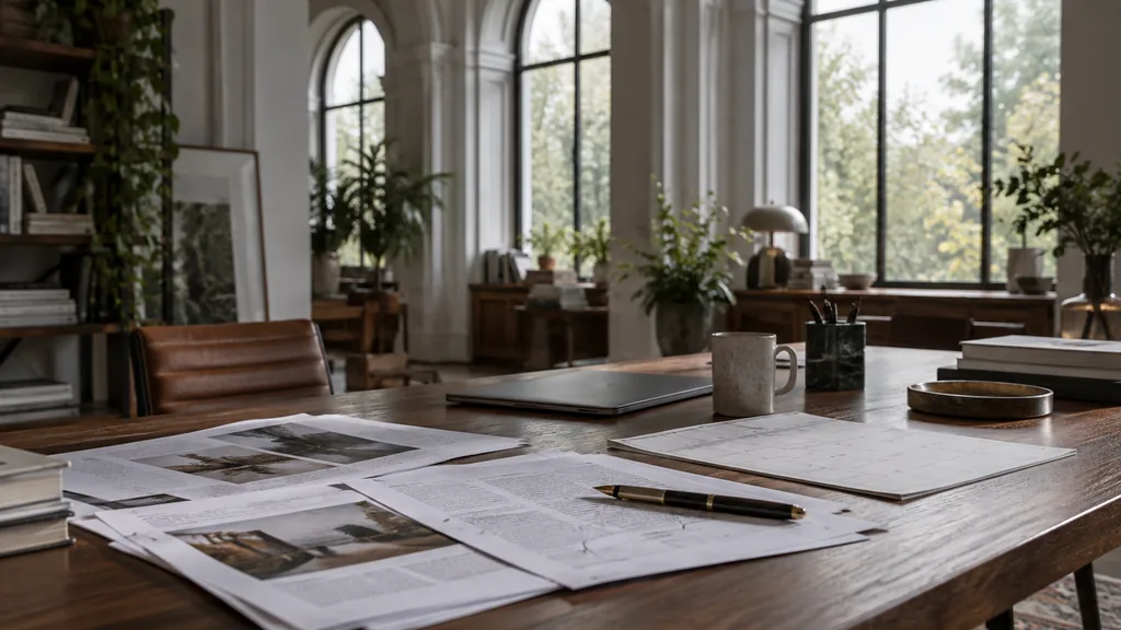 An empty workspace in a converted Victorian arcade studio on a soft grey morning, printed article proofs with handwritten edits, a paper editorial calendar and a fountain pen on a long walnut desk beside a closed laptop, tall arched windows with diffuse light