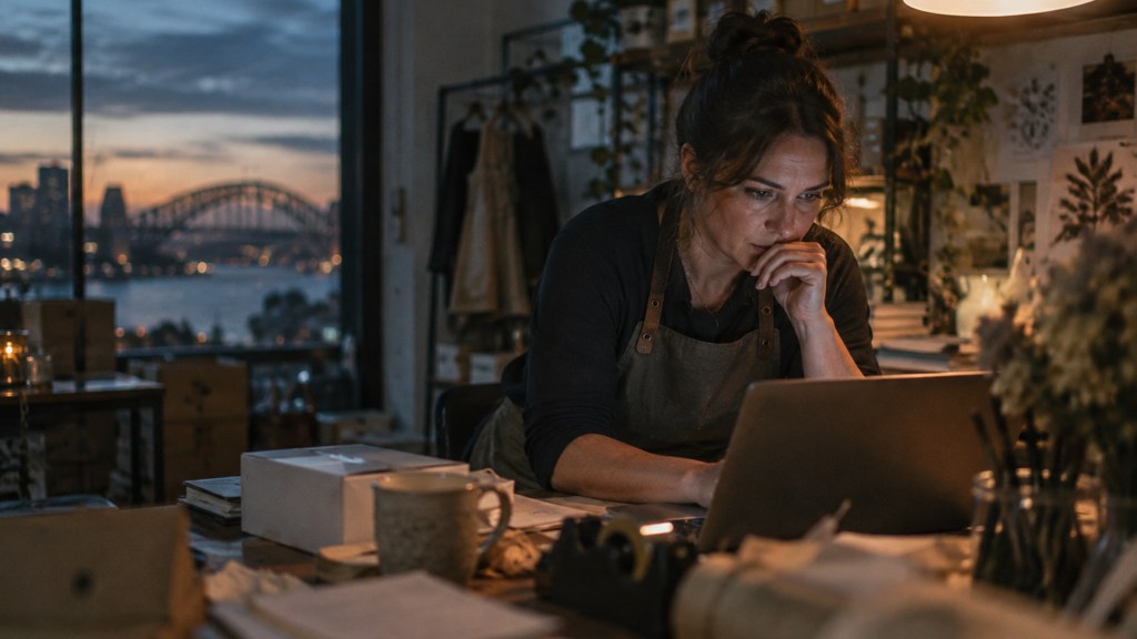 A small-business owner in an apron leaning over a laptop on a cluttered back-office desk late in the day, photographed in Sydney