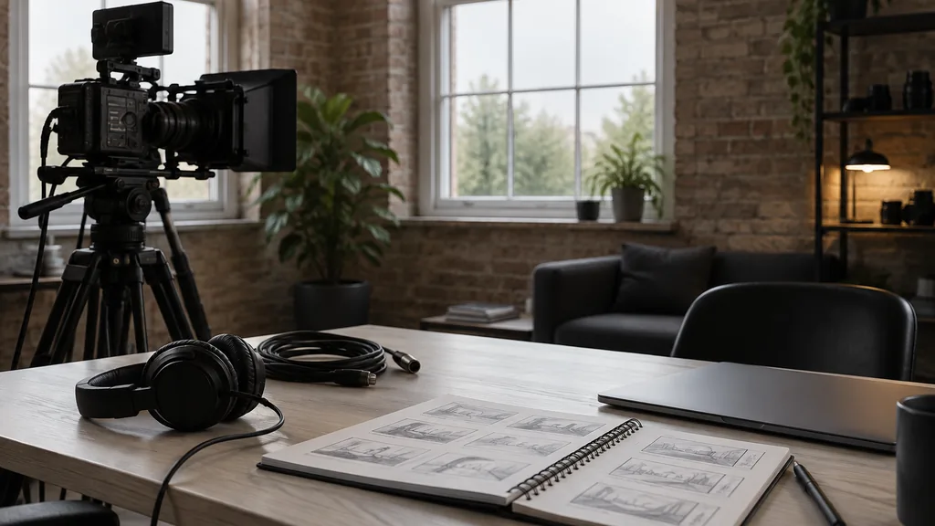 An empty video production workspace in a Lace Market loft edit suite on a soft overcast afternoon, a cinema camera on a tripod, a coiled cable, a pair of headphones and a storyboard sketchbook on a pale ash table beside a closed laptop, large sash windows with diffuse light