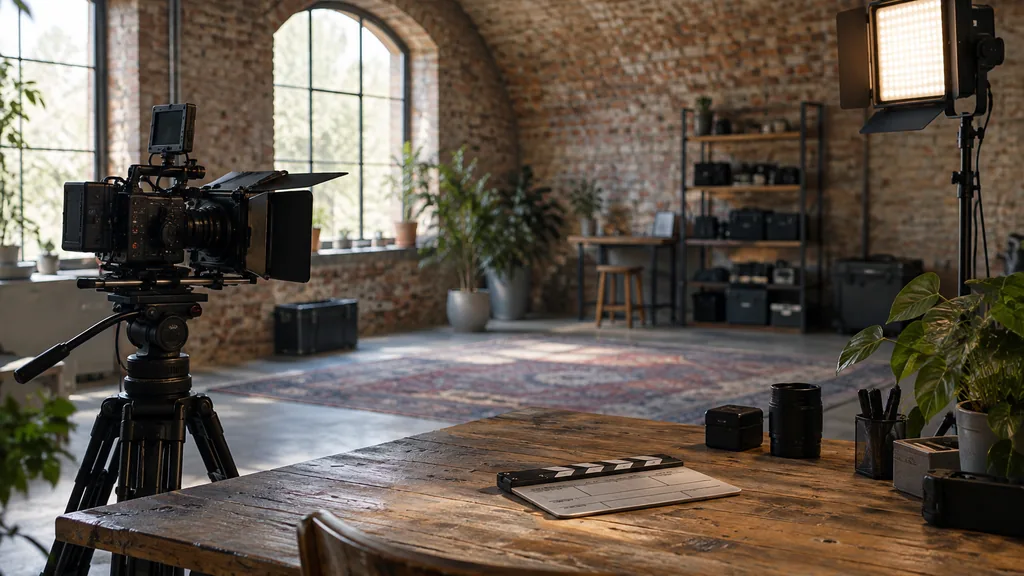 An empty video production workspace in a brick-vaulted studio in the Ouseburn valley on a cool bright morning, a camera rig with a matte box, an LED light panel on a stand and a slate clapperboard on a reclaimed pine desk, arched windows with soft light