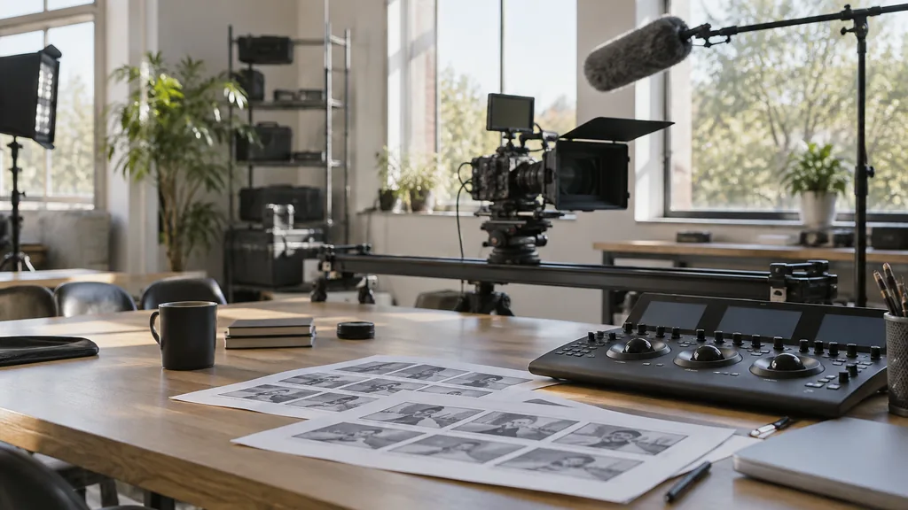 An empty video production workspace in a bright production studio in the Cultural Quarter on a clear morning, a cinema camera on a slider, a boom microphone, a colour-grading control surface and printed storyboards on a white oak table, wide glazed windows with clean light