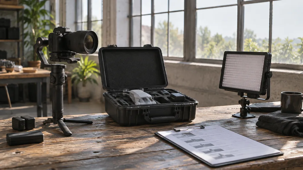 An empty video production workspace in a harbourside warehouse studio on a breezy bright morning, a camera on a gimbal, a drone case, an LED light panel and a shot list clipboard on a weathered oak bench, tall windows with pale sky light